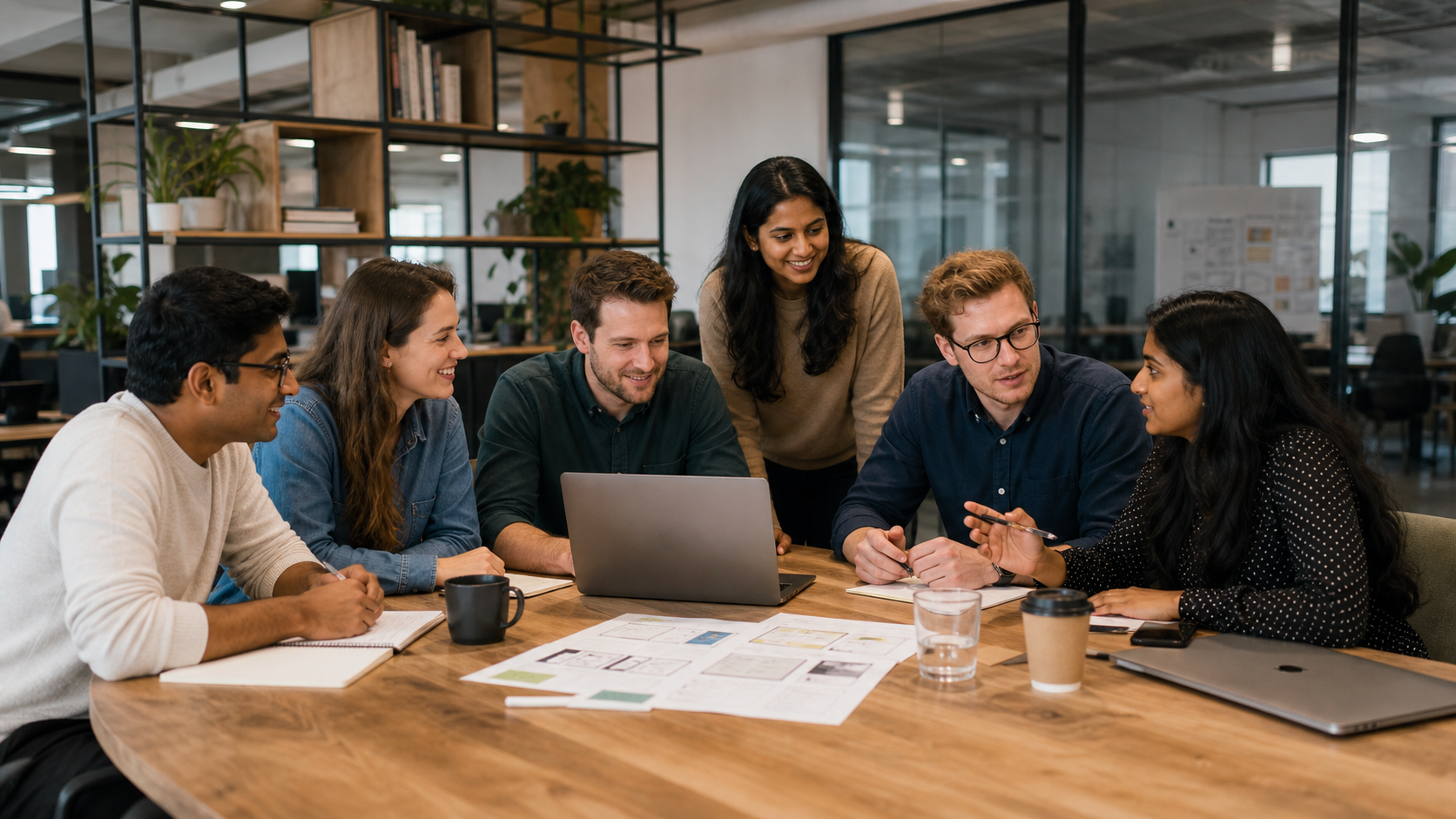 A diverse Australian digital team reviewing product work around an office desk