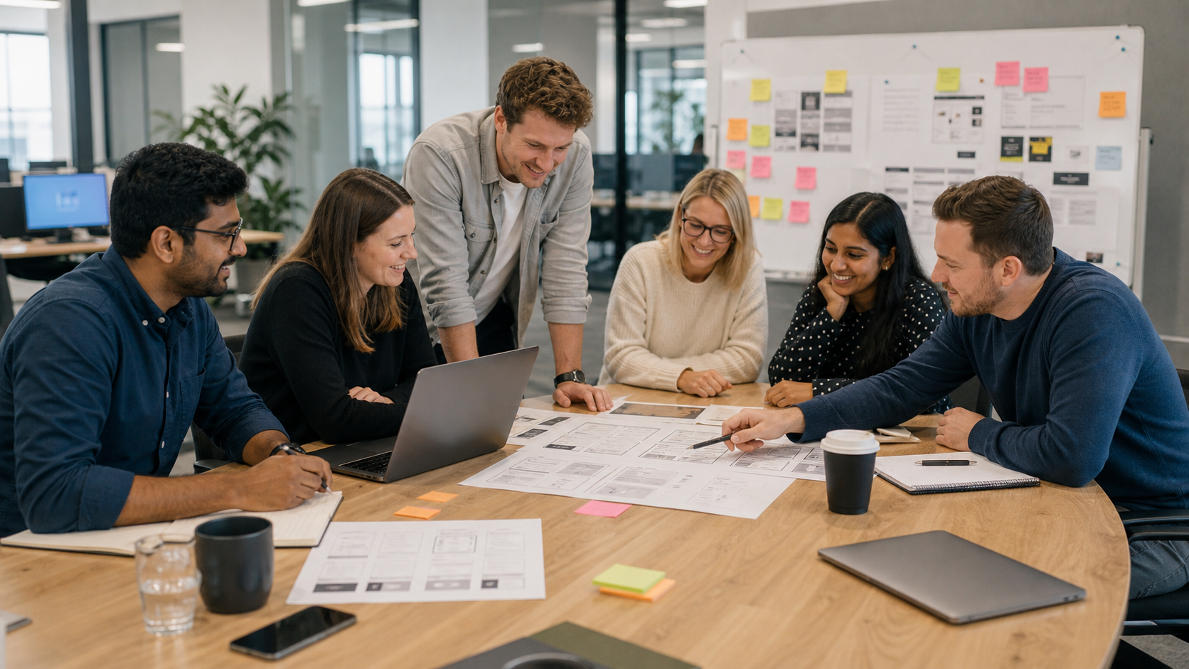 A diverse Australian product team in a natural office workshop
